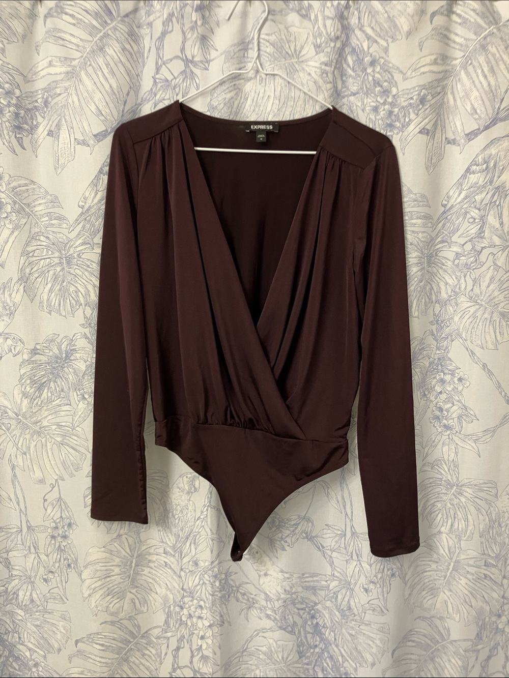Express Long-Sleeve Wrap Bodysuit in Deep Plum